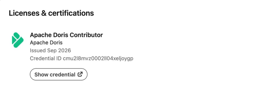 LinkedIn Licenses and Certifications entry for the Apache Doris Contributor badge