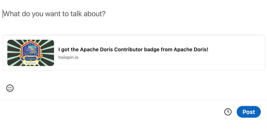 LinkedIn post composer with the badge attached